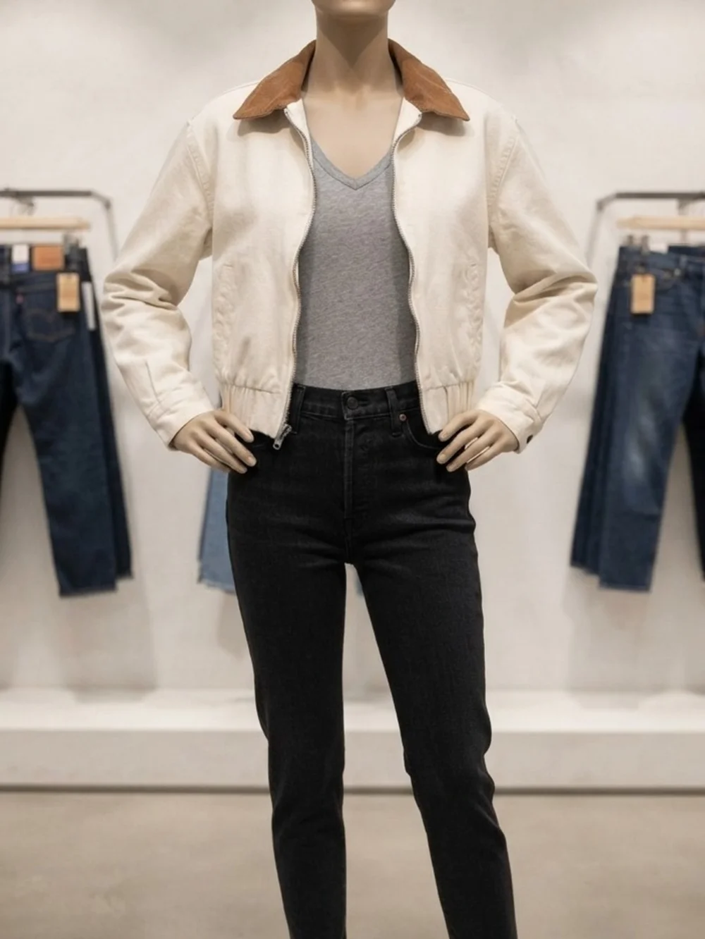 Levi's Cream Zip-Front Jacket with Brown Corduroy Collar - Picture 2 of 4
